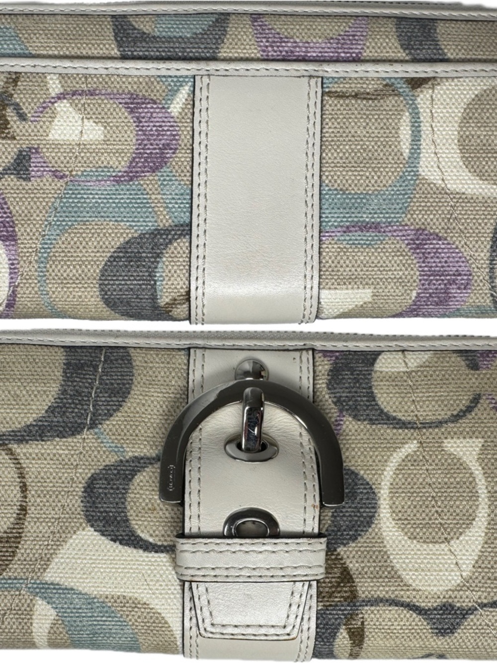 Coach Optic C Y2K Textile Fabric & Leather Purple Blue White Gray Buckle Wallet - Picture 11 of 11